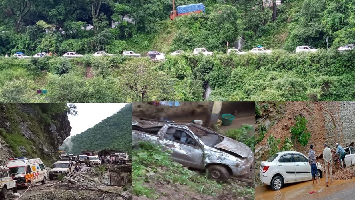 Landslide in karnprayag Uttarakhand Weather car buried in debris vehicles stuck