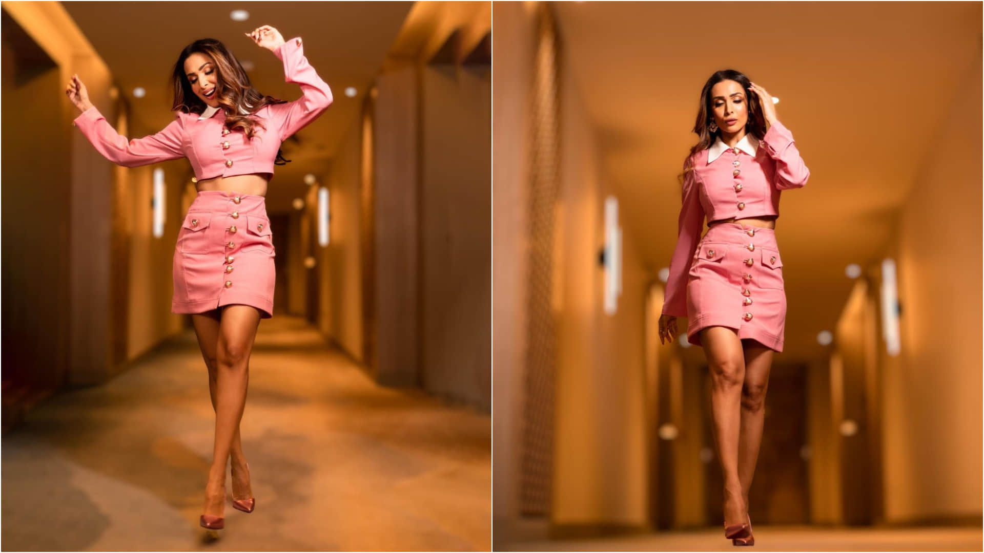 malaika arora pink crop top and mini skirt worth 19k looking super stylish