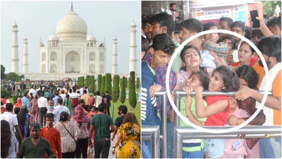huge crowd of tourists gathered at taj mahal on monday
