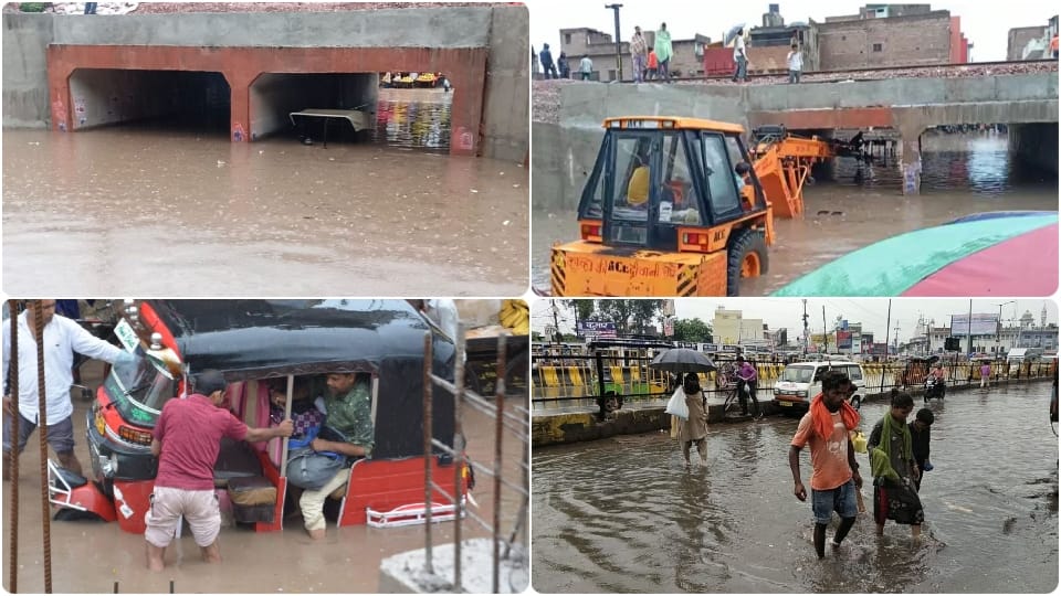 Tractor submerged in underpass due to water logging in Firozabad