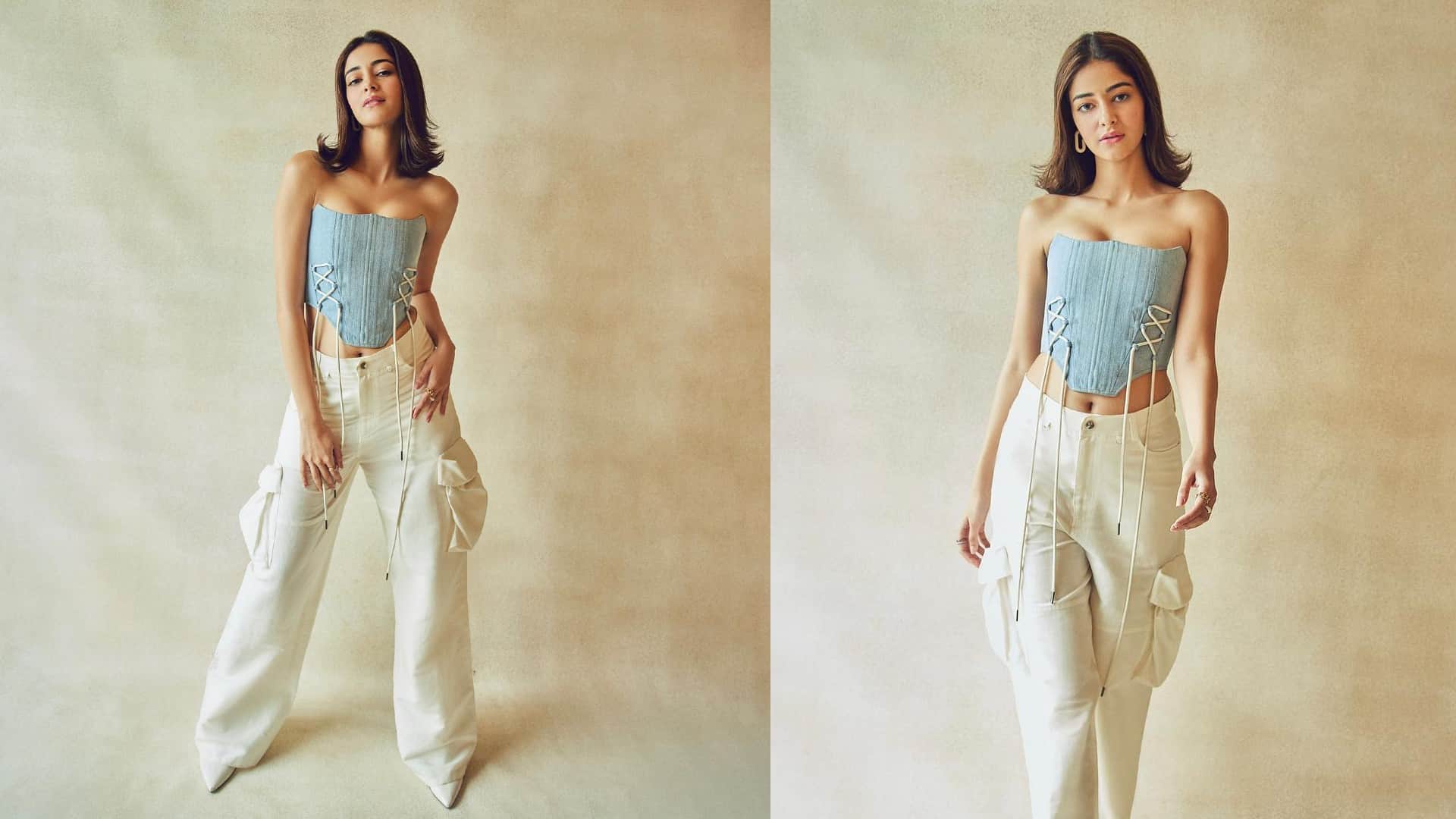 ananya pandey looks gorgeous in blue bralette with shrug for liger promotion