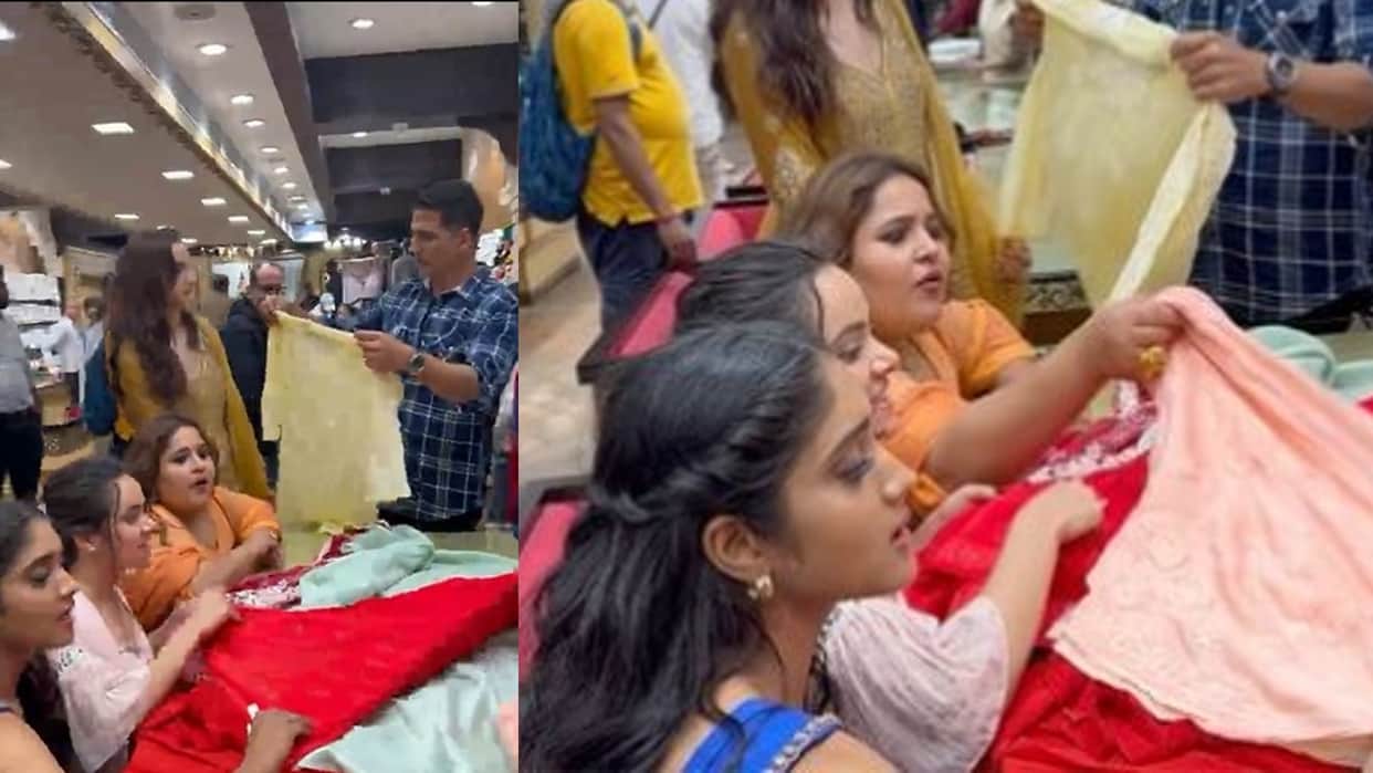 Raksha Bandhan actor Akshay Kumar took his onscreen sisters to a clothes shop in Lucknow for shopping
