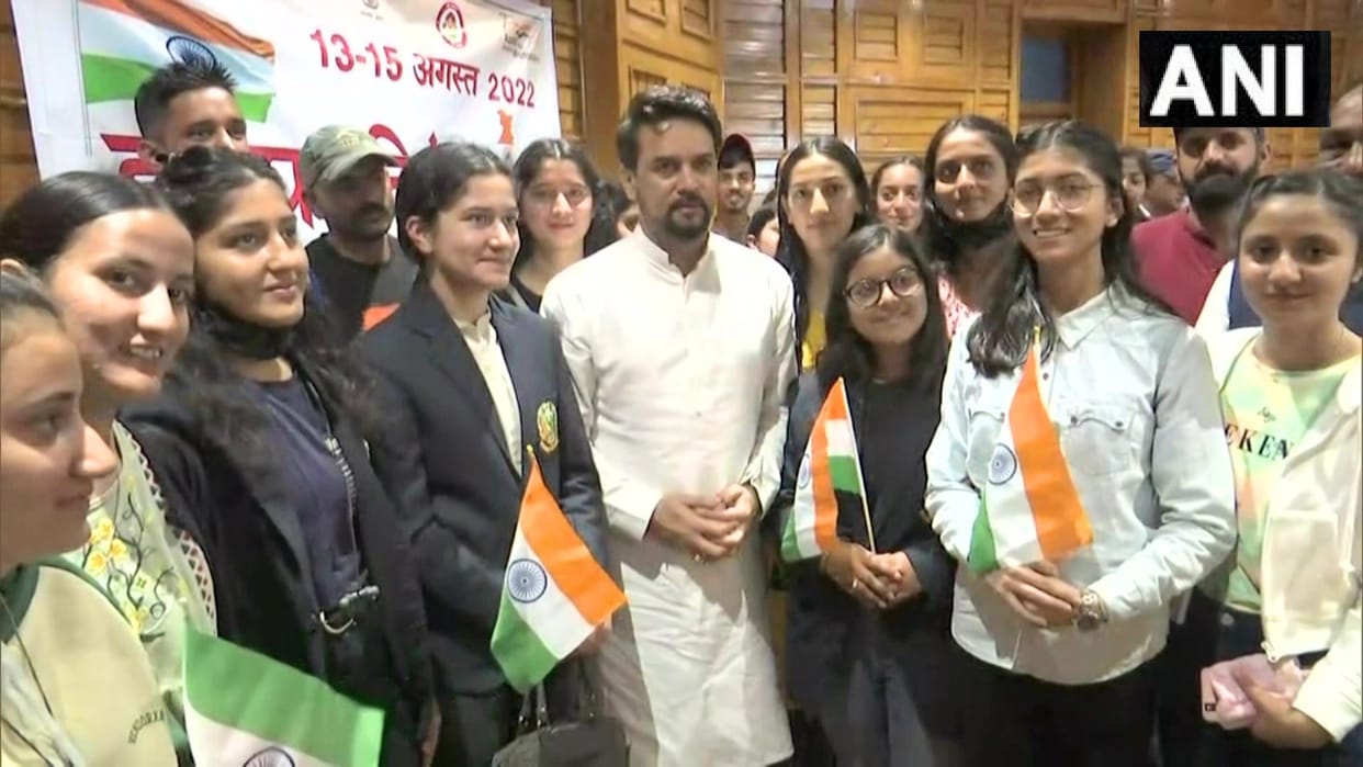 Union Minister Anurag Thakur meets students of Nehru Yuva Kendra as part of 'Har Ghar Tiranga' campaign, in Sh