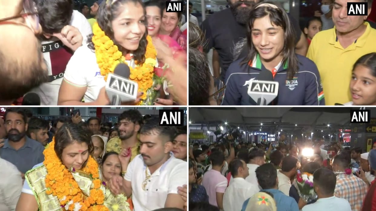 Indian wrestlers Sakshi Malik Pooja Sihag Pooja Gehlot returned from Birmingham