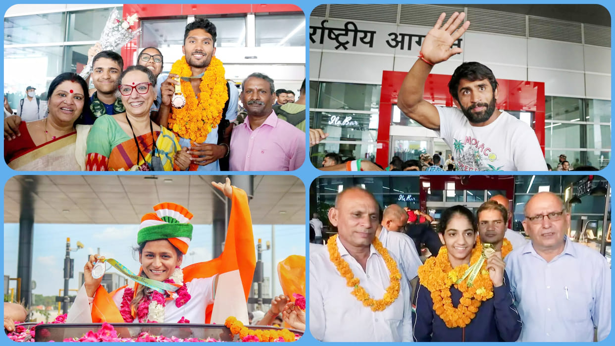 CWG: From Bajrang Punia to Neetu and Priyanka, see how India's medalists welcomed at airports in 10 pictures