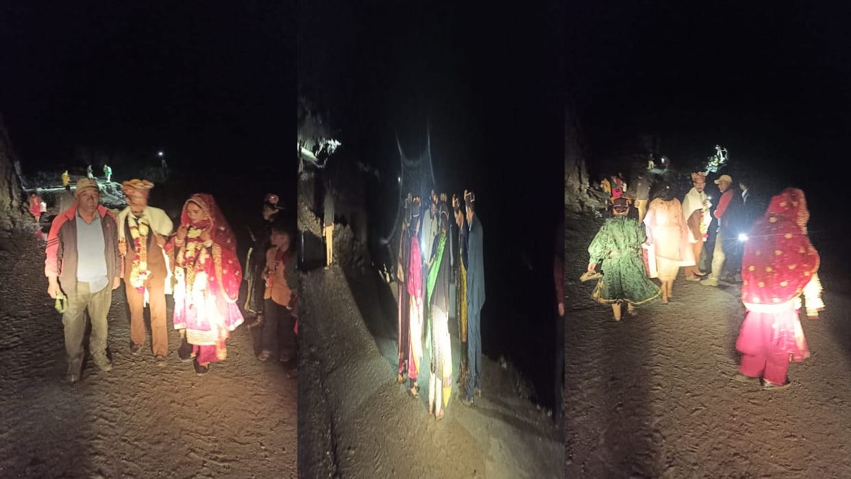 barati including bride and groom were stranded for one and a half hours due to flood in Tojing Nala