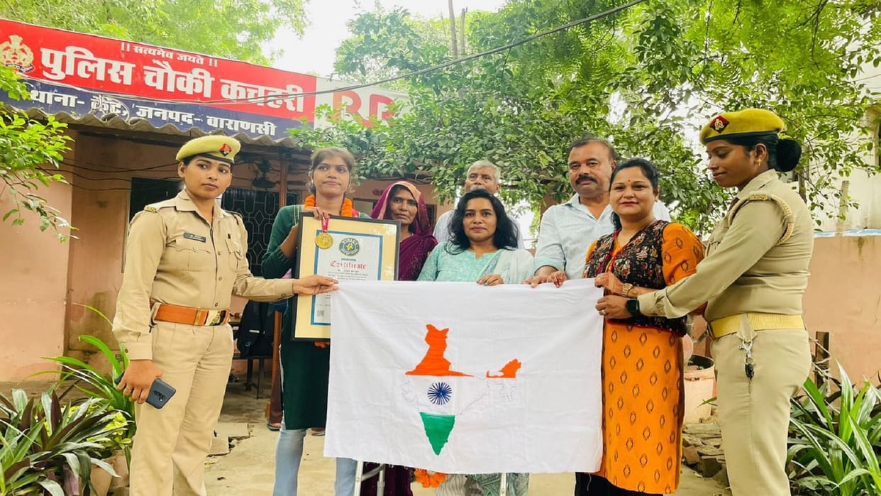 The map of India threaded with thread by kiran entered the worlds greatest record in varanasi