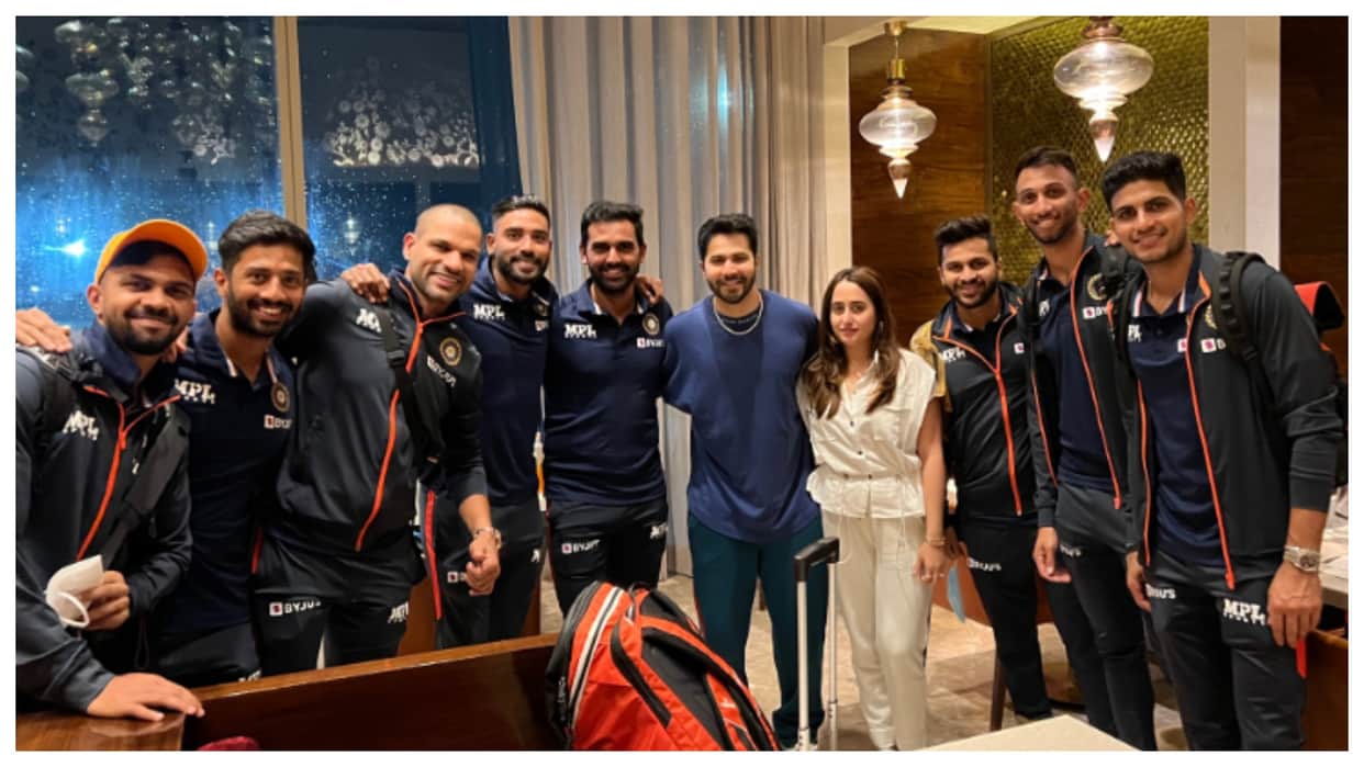 Jugjugg Jeeyo actor Varun Dhawan meets Shikhar Dhawan and Team India at Mumbai airport before Zimbabwe tour