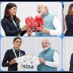 पीएम मोदी को उपहार देते एथलीट्स