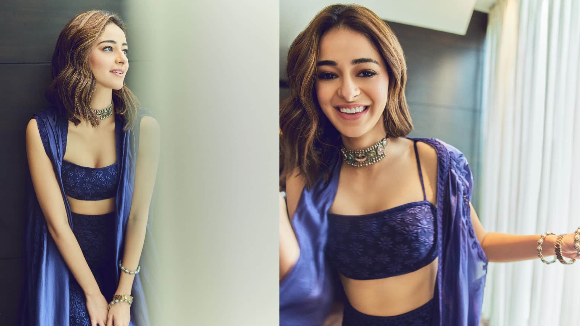 ananya pandey looks gorgeous in blue bralette with shrug for liger promotion