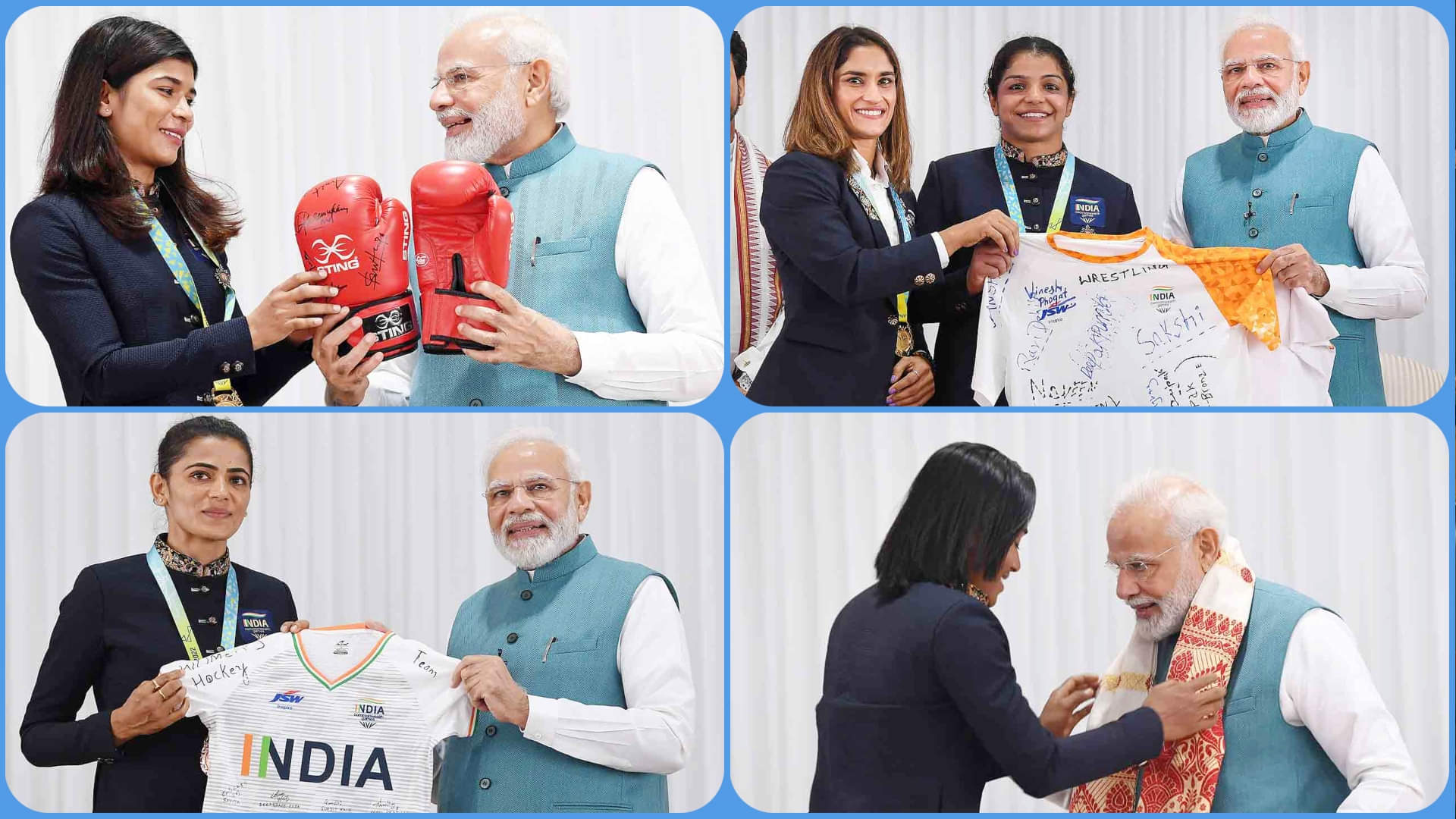 Photos: Nikhat Zareen Gifts Boxing Gloves, Hima Das Give Gamcha to PM Modi, Vinesh, Savita Punia Mirabai chanu