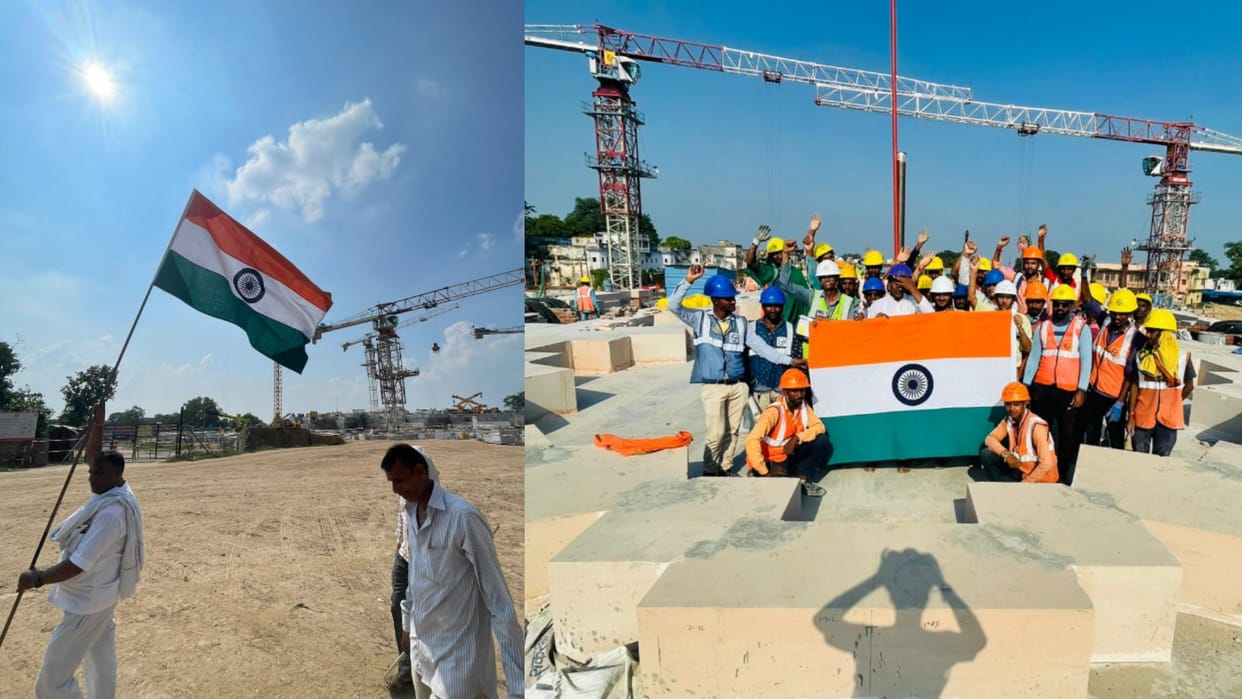 National flag hoisted in Ram temple construction site in Ayodhya.
