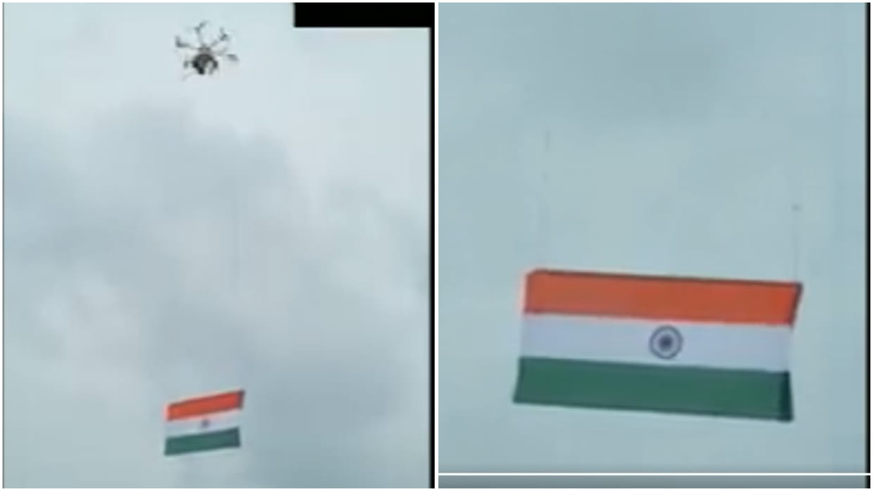 Two drone enthusiasts hoisted a 3m wide and 2m long national flag in green drone zone of Haryana