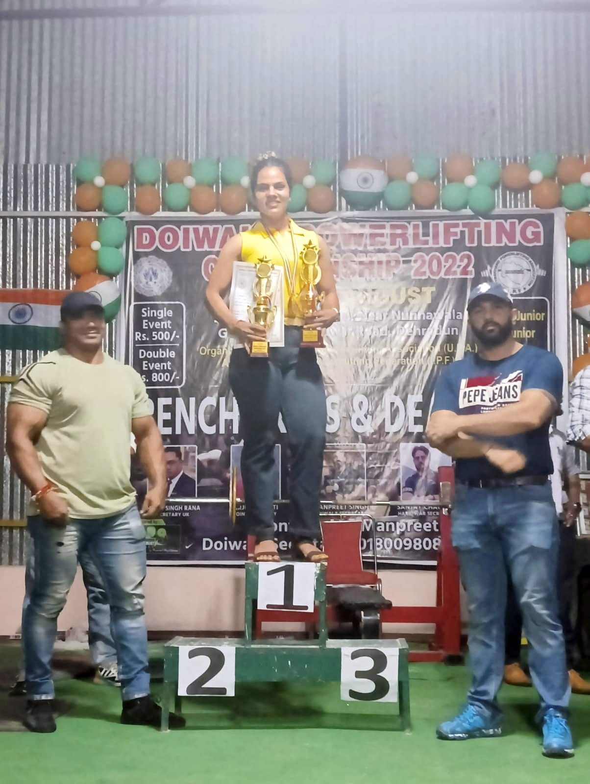 preeti roy of ponta sahib win over all  khitab of bench press  and dedlift championship