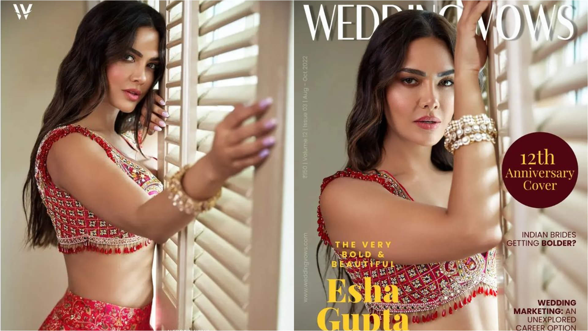 esha gupta looks bold and beautiful in bridal wear for magazine photoshoot