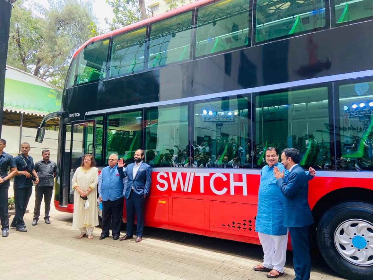 Union Road Transport and Highways Minister Nitin Gadkari unveils first electric double-decker AC bus in Mumbai