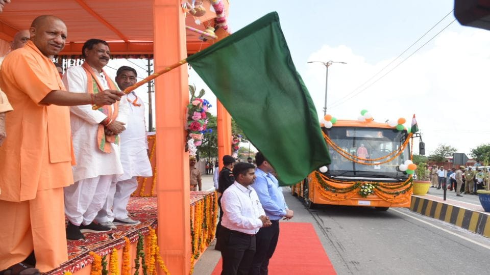 CM Yogi Adityanath launches electric buses in Mathura on janmashtami 2022