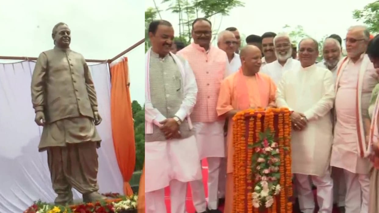 CM Yogi Adityanath unveils the statue of Kalyan Singh in cancer institute in Lucknow.