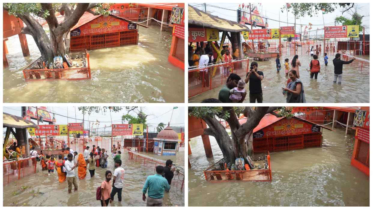 Flood in Prayagraj On the Ganga-Yamuna spate, the big Hanuman temple turned into an island