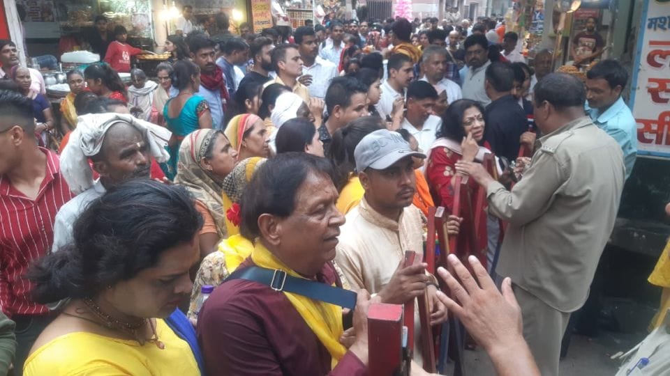Crowd of devotees gathered in Banke Bihari temple Vrindavan on Ekadashi