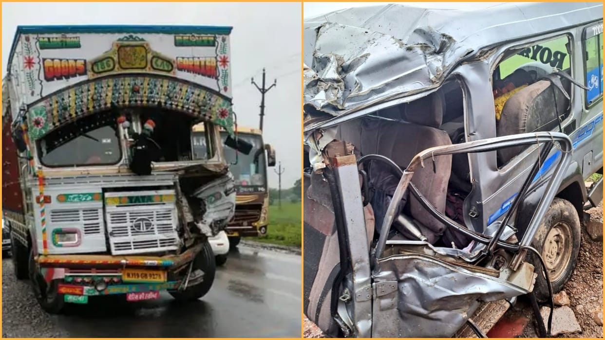 Road Accident in Nagda truck hit school van many injured
