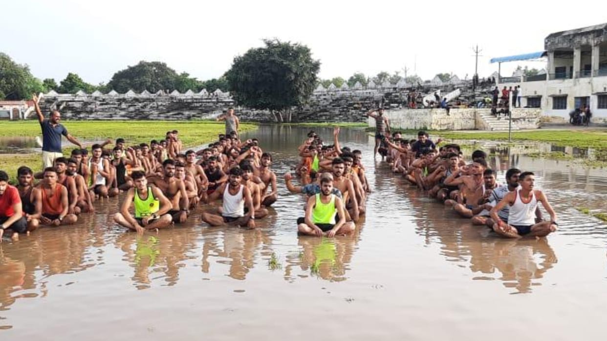 practice of the youth has stopped after rain flooded the Bhimrao Ambedkar Stadium in Morena