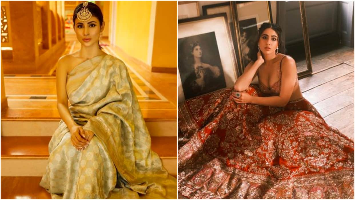 mouni roy traditional look in saree and sara ali khan bold look in lehenga today celebrity update in 10 photos