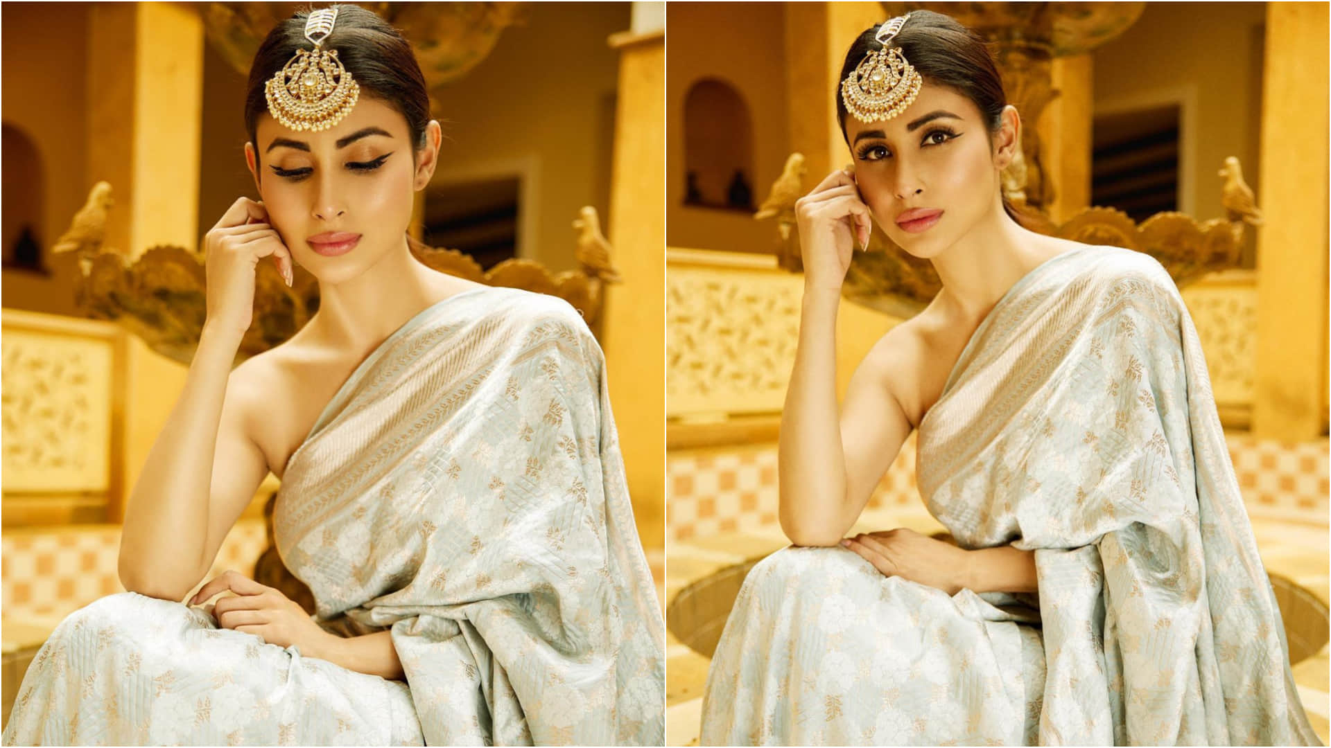 mouni roy poses in silk saree ditch blouse for sizzling look