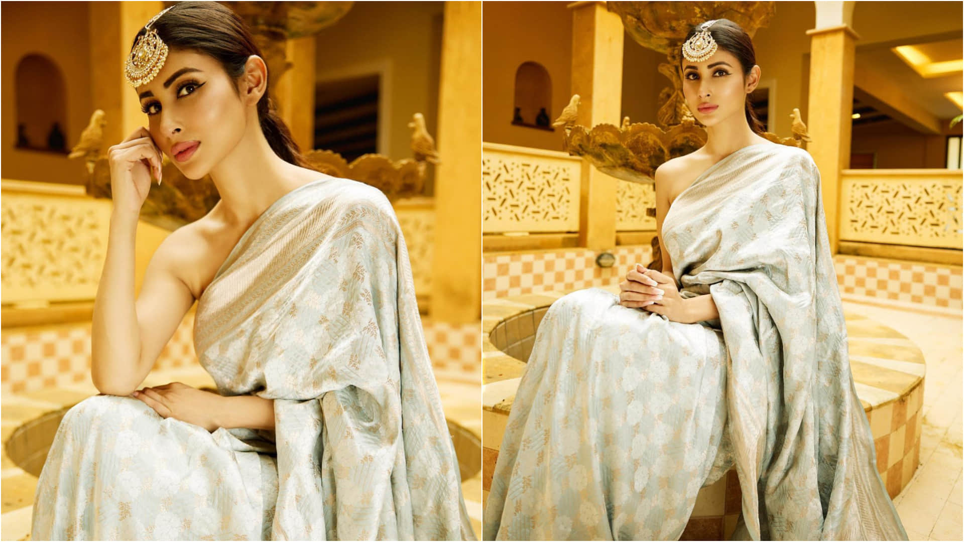 mouni roy poses in silk saree ditch blouse for sizzling look