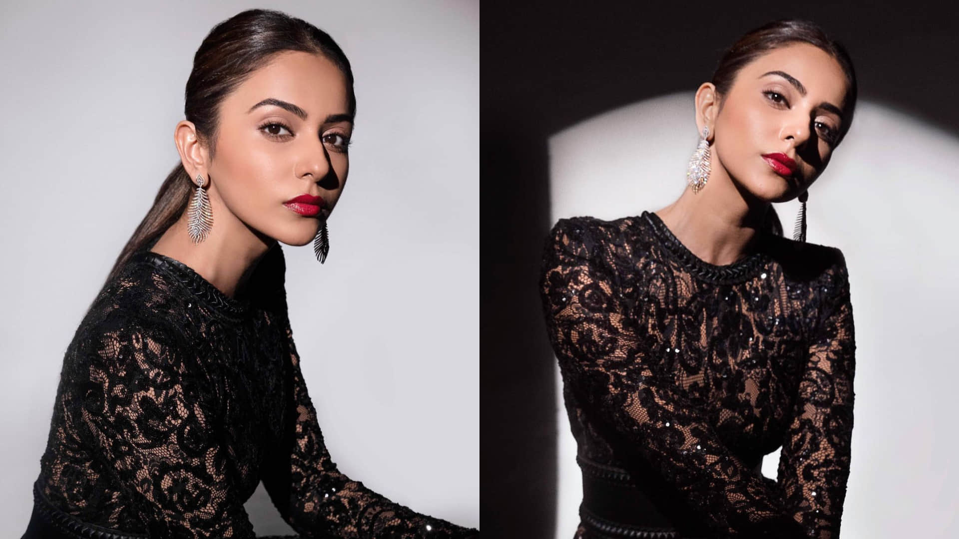 rakul preet singh in black netted lace jumpsuit look gorgeous