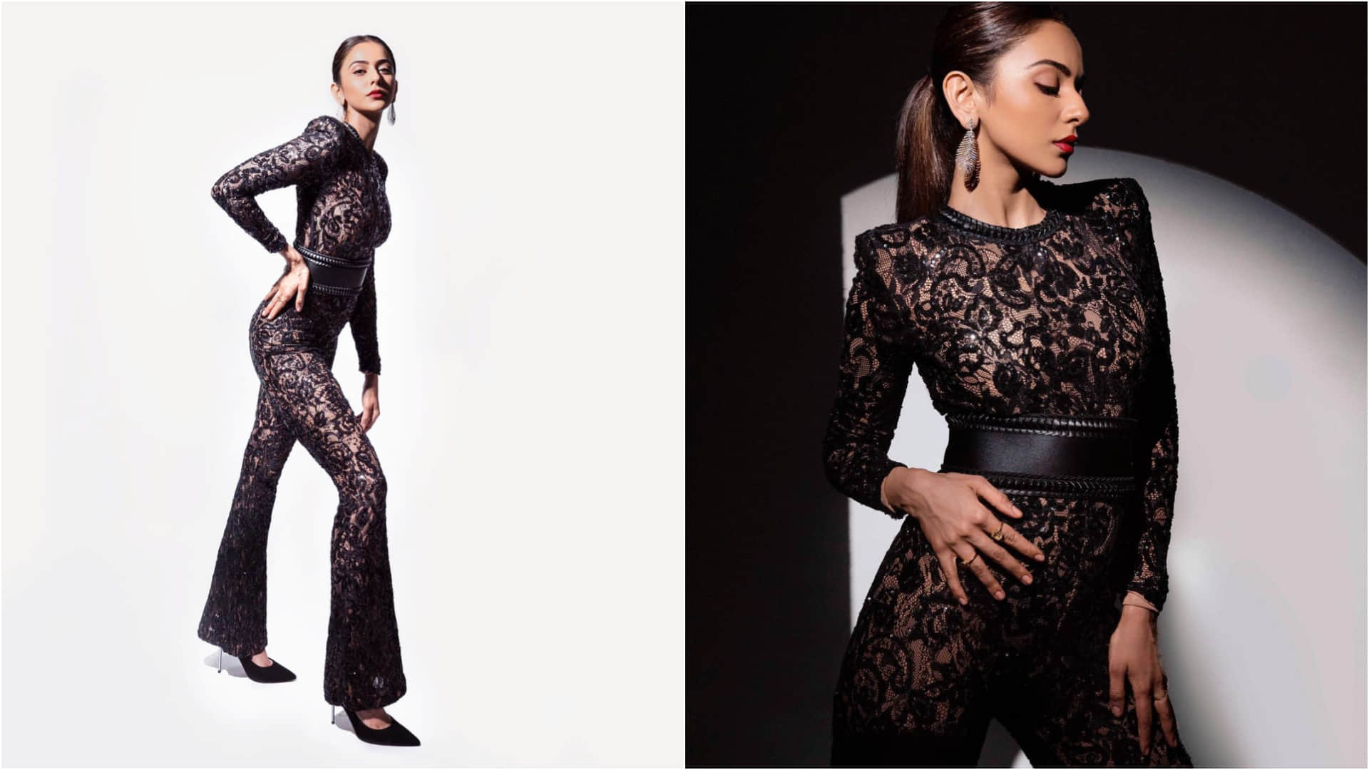 rakul preet singh in black netted lace jumpsuit look gorgeous