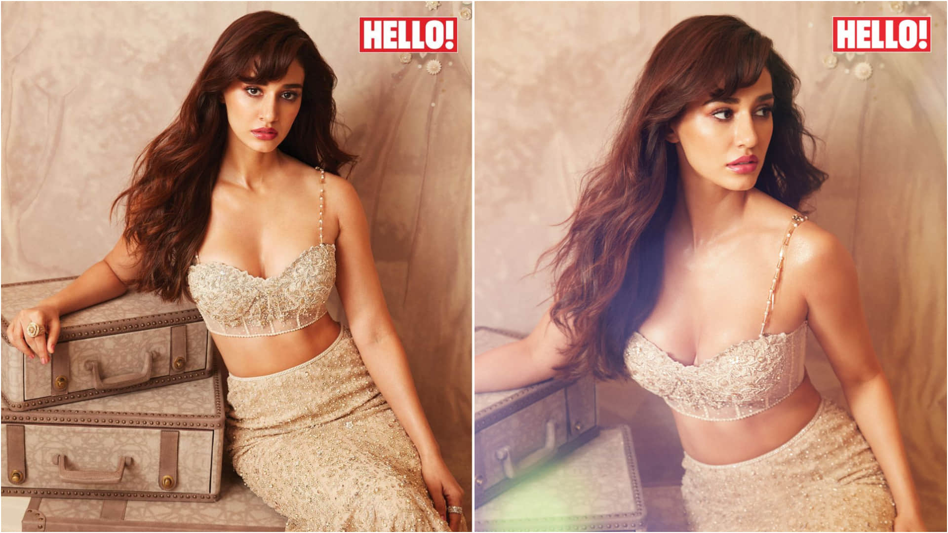 disha patani wear tight fitting lehenga with bold neckline blouse for magazine photoshoot