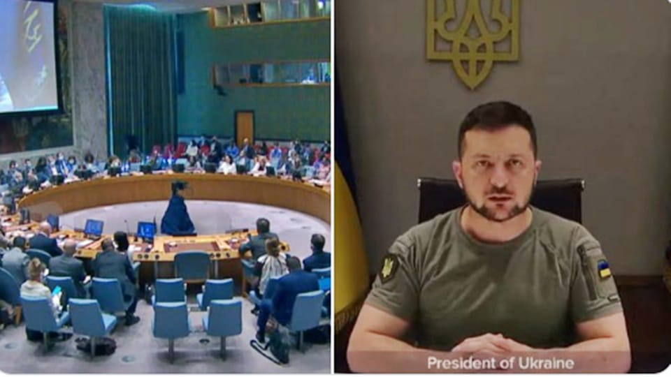 Volodymyr Zelensky told the UNSC a Russian missile strike on a railway station in the Dnipropetrovsk region