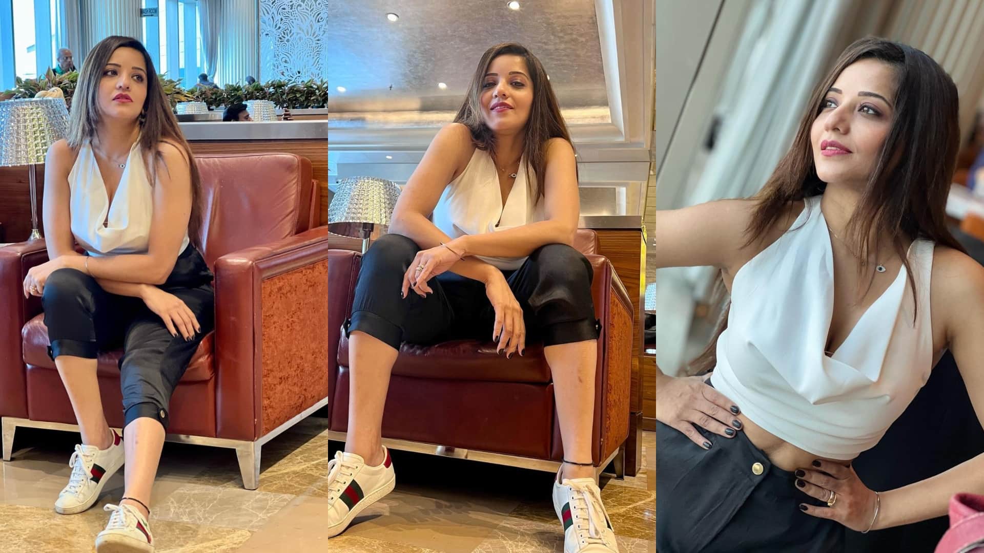Bhojpuri Actress Monalisa latest photoshoot on airport getting viral on social media in white crop top