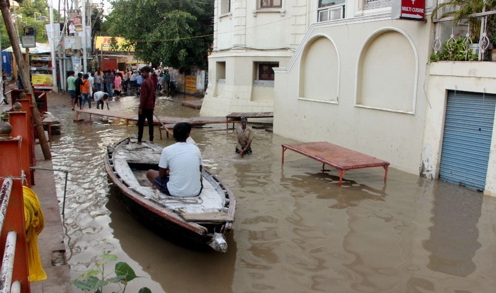 Varanasi Flood condition Ghat temple and crematorium submerged see photos