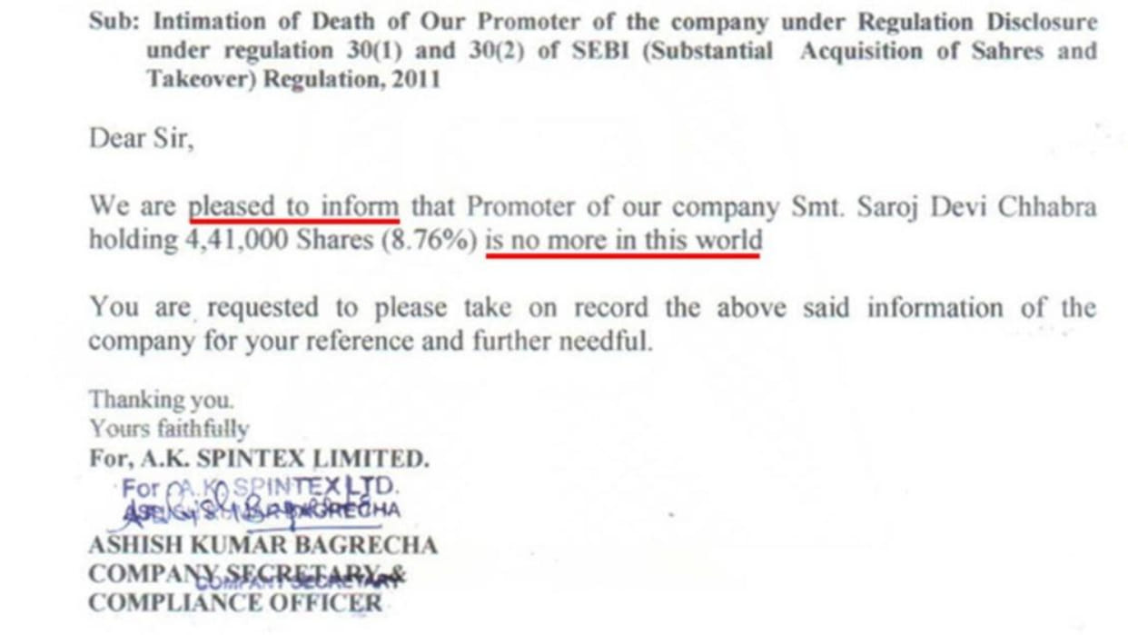 'Pleased to inform' promoter has died, this company says in exchange filing