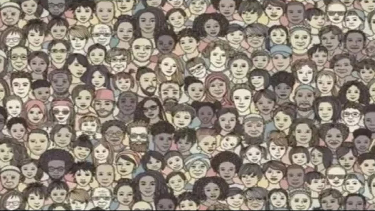 optical illusion can you find the hidden cat among the faces in this picture with in 15 seconds