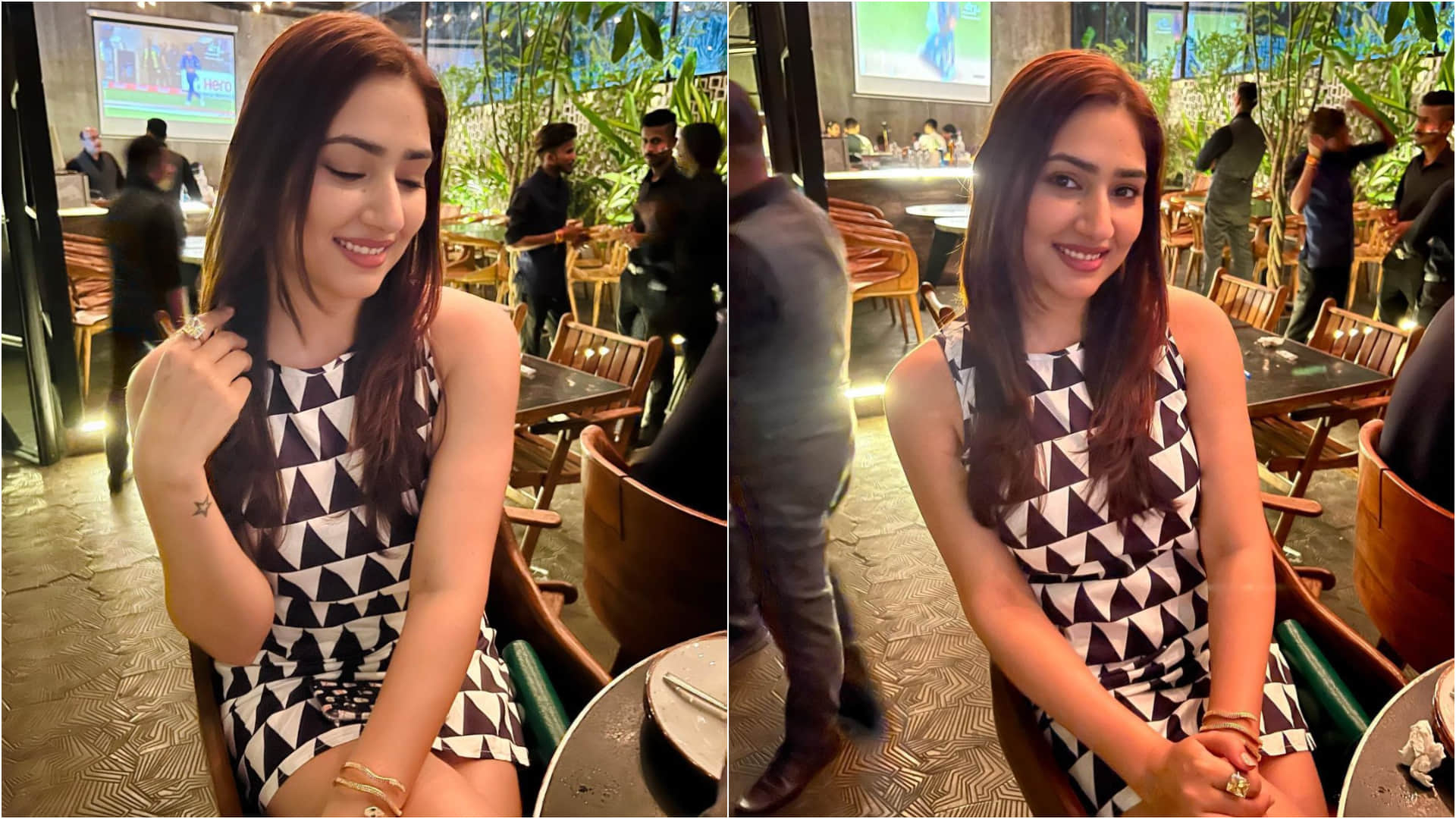 disha parmar dinner date with hubby rahul vaidya in black and white print mini dress