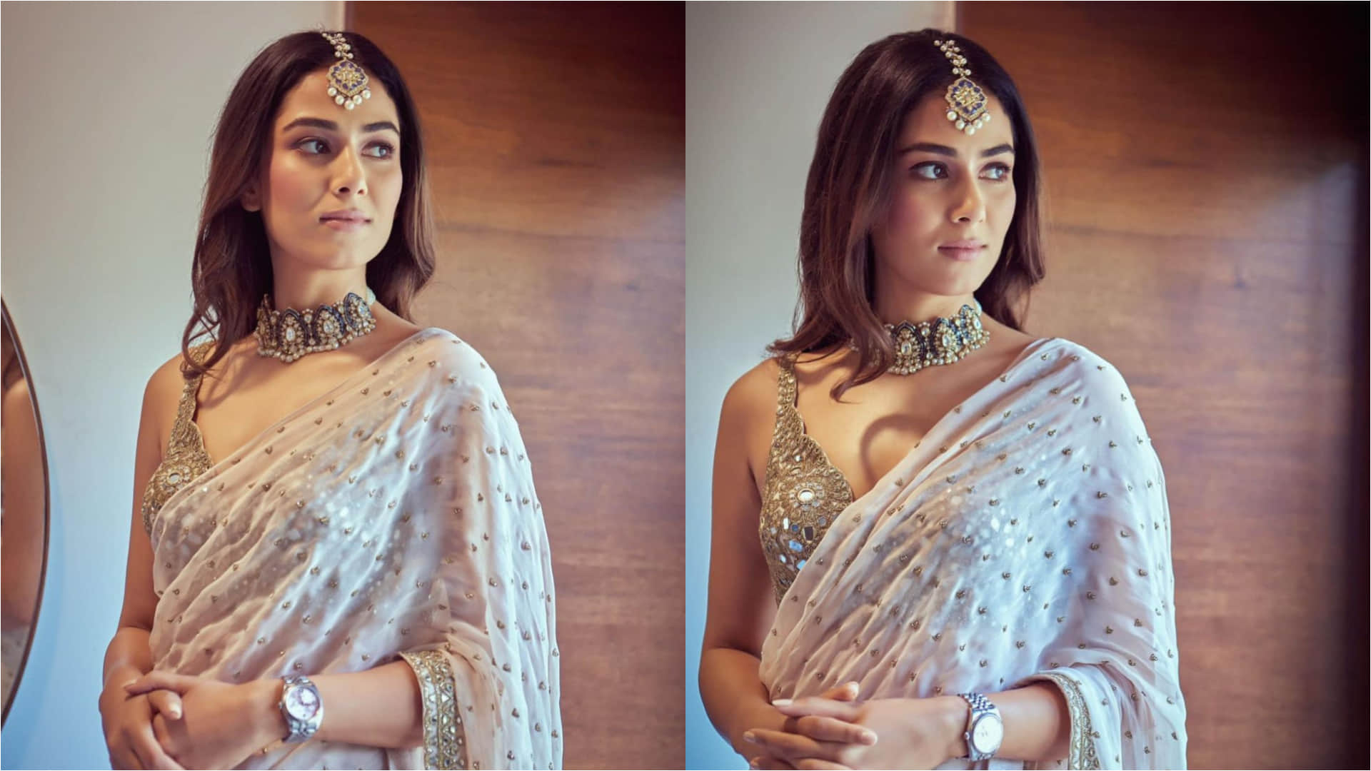 mira rajput stunning look in kunal rawal wedding party wearing white gold saree