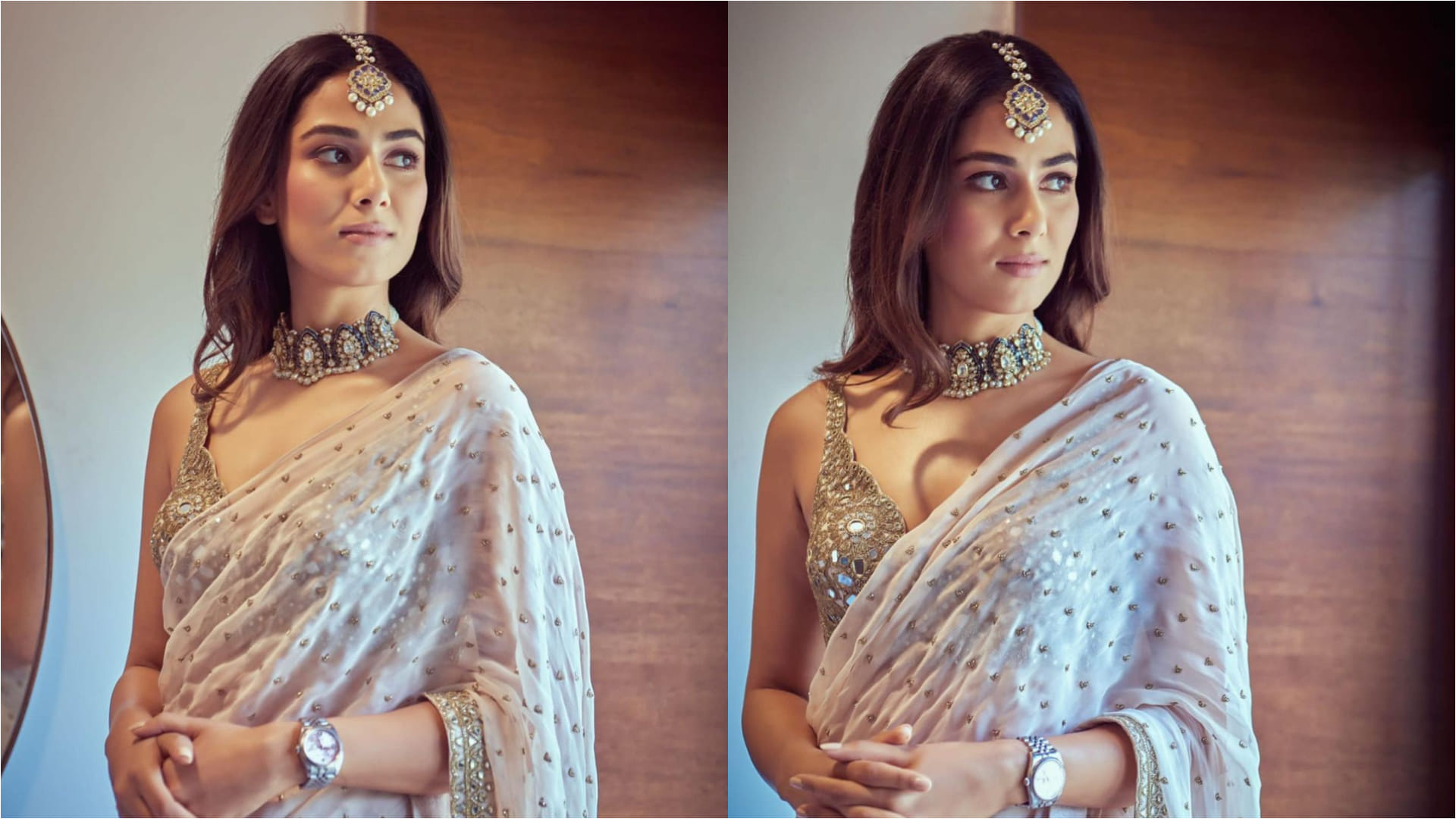 mira rajput stunning look in kunal rawal wedding party wearing white gold saree