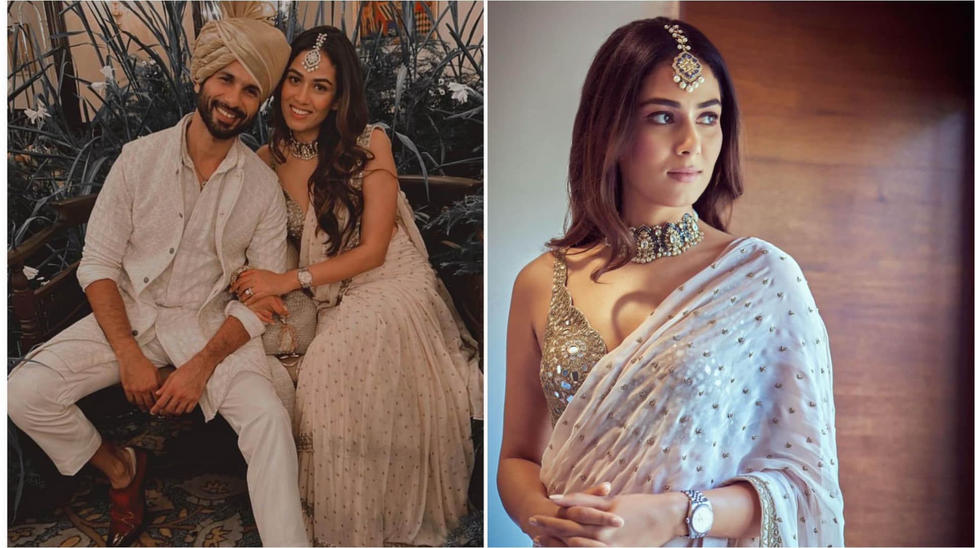 mira rajput stunning look in kunal rawal wedding party wearing white gold saree