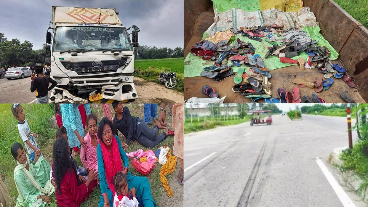 Bareilly road accident Trolley blown into air due to collision of container, witness marks of tires 20 meters