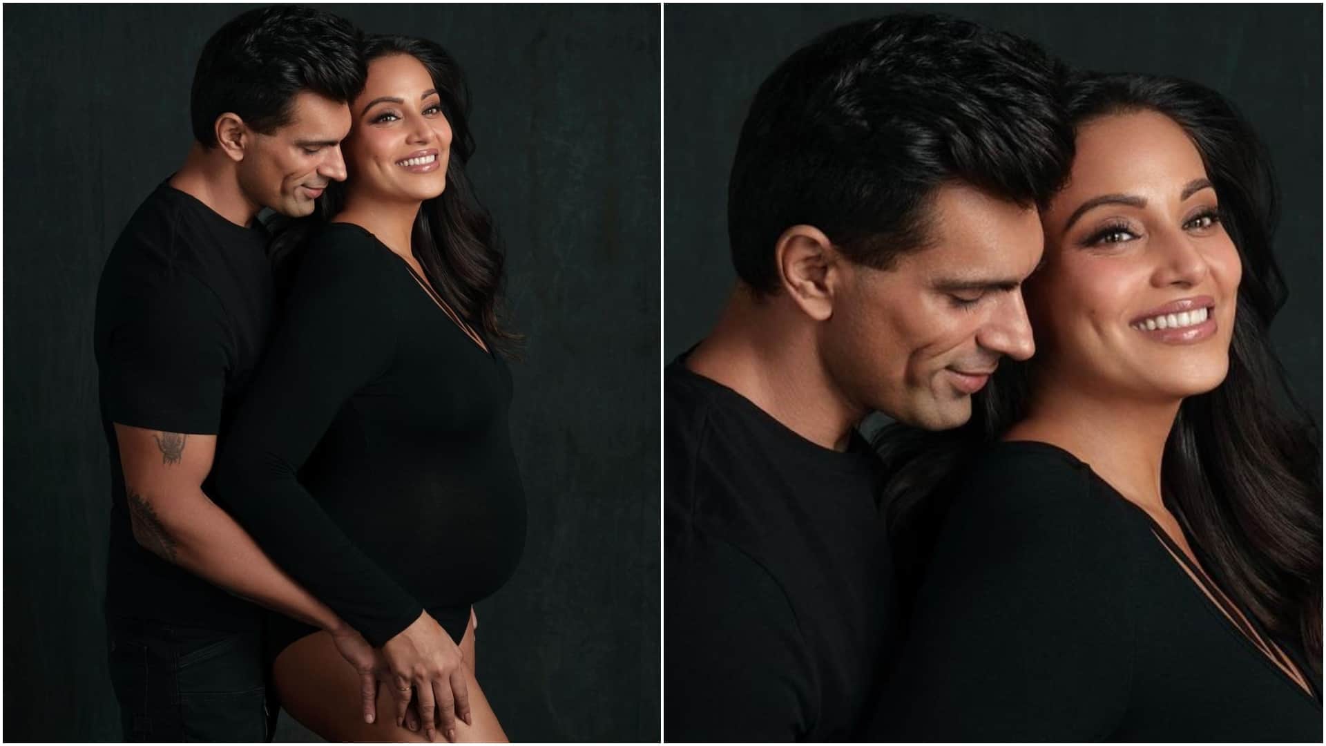 bollywood actress bipasha basu flaunts baby bump in black transparent dress in her latest maternity photoshoot