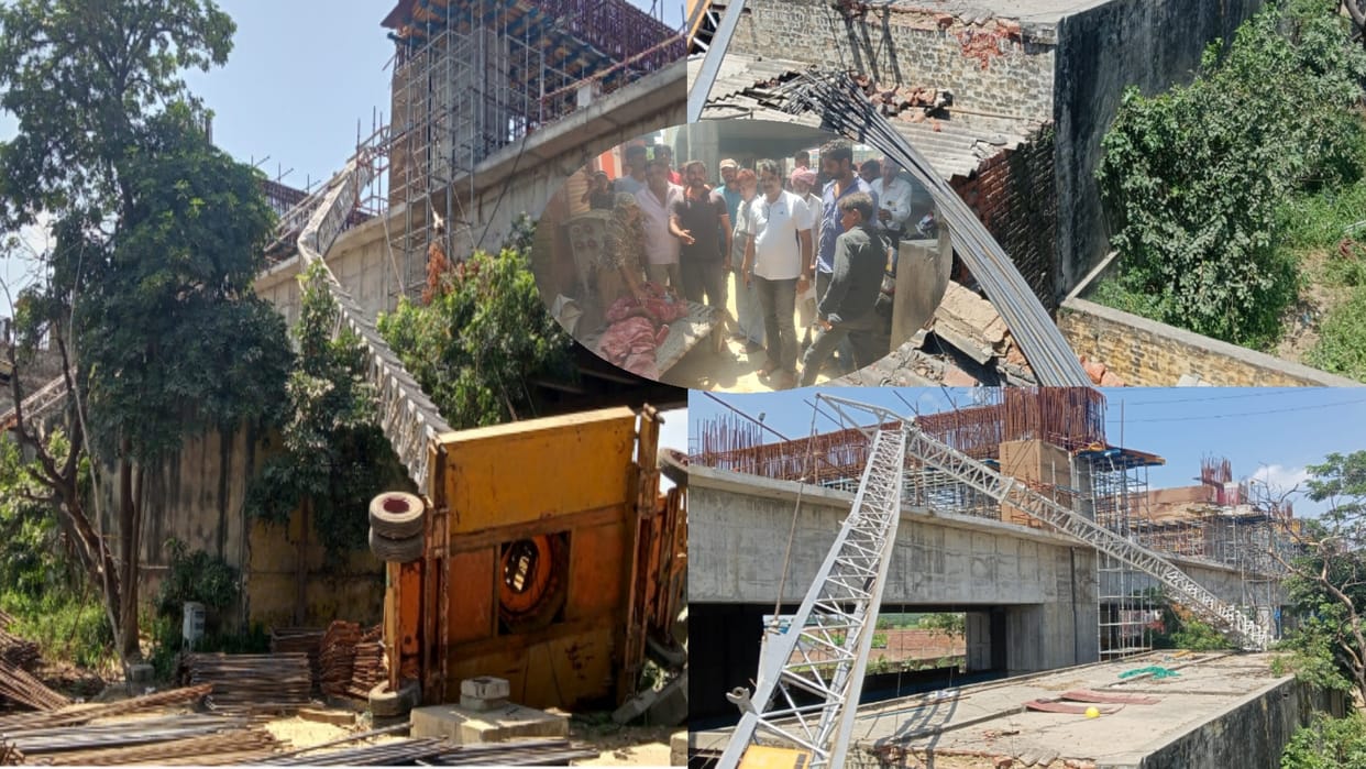 MEERUT: overload crane carrying the rods collapsed and fell on the homes during the rapid rail construction