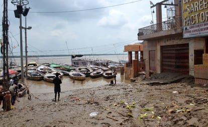 Damaged namaskar sculpture now repaired at Namo Ghat varanasi flood updates