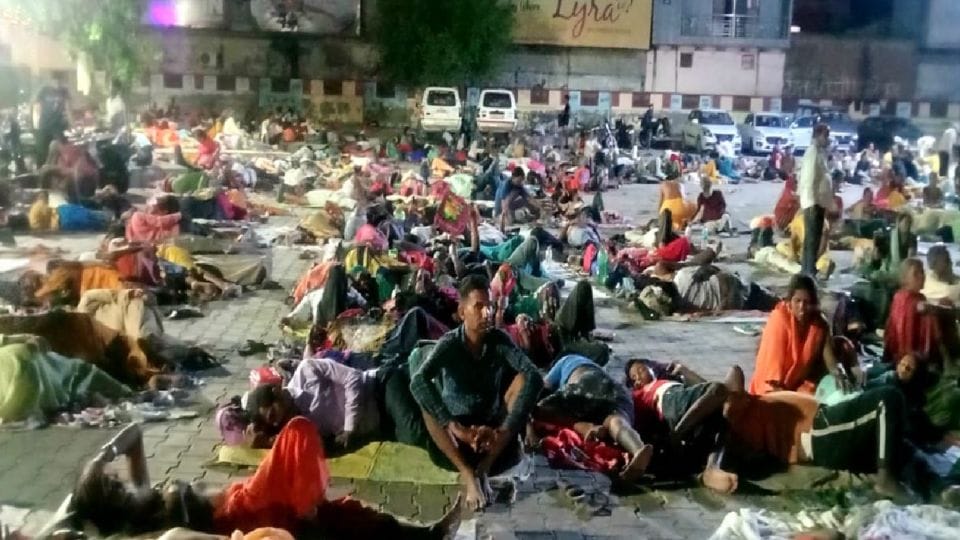 Crowd of devotees gathered in Radharani temple Barsana on Radha Ashtami in Mathura