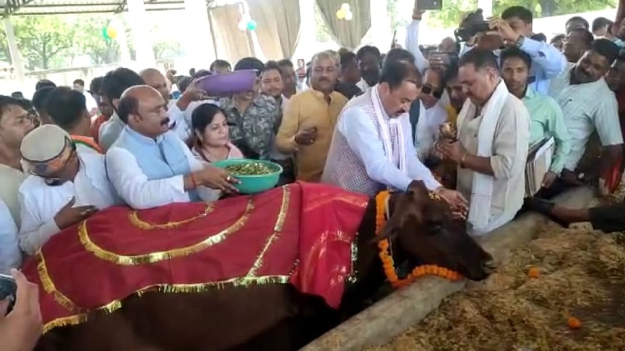 After inspecting the cowshed Deputy CM Keshav Prasad Maurya interacted with the cow parents