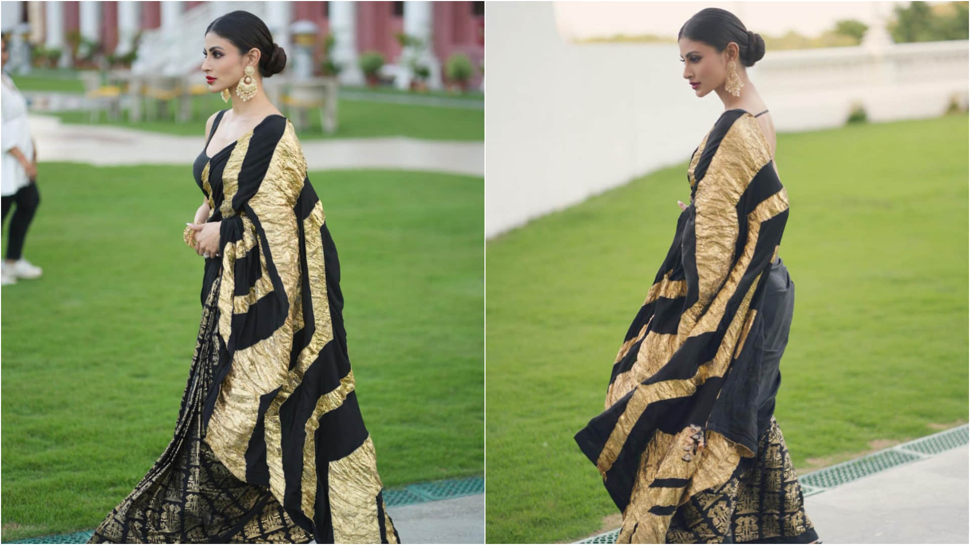 mouni roy black and gold saree for brahmastra promotion looks stunning