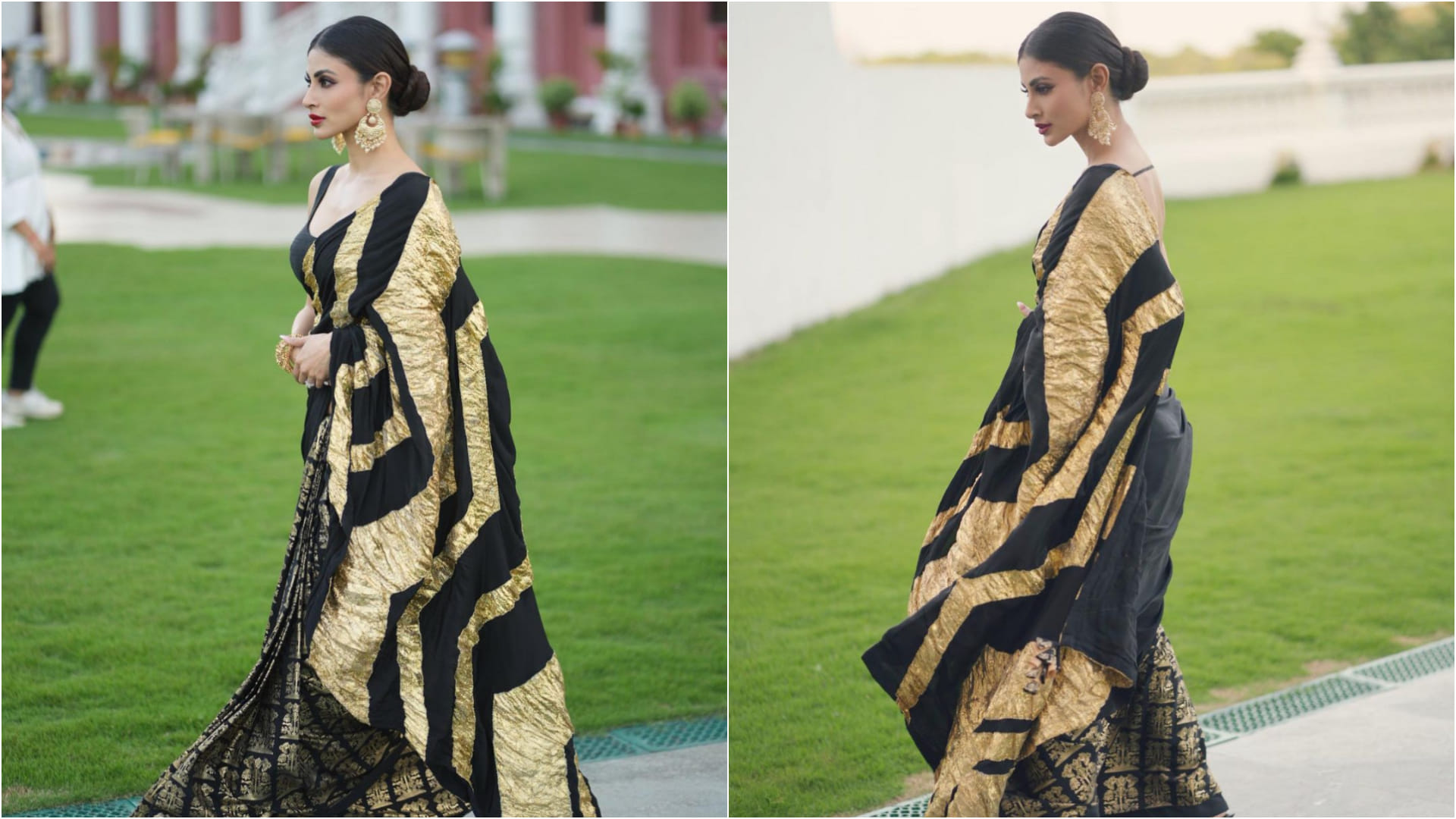 mouni roy black and gold saree for brahmastra promotion looks stunning