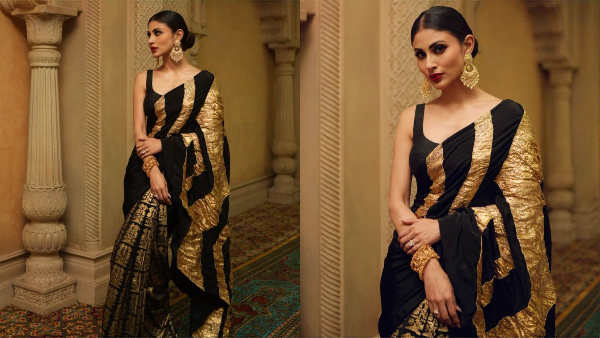 mouni roy black and gold saree for brahmastra promotion looks stunning